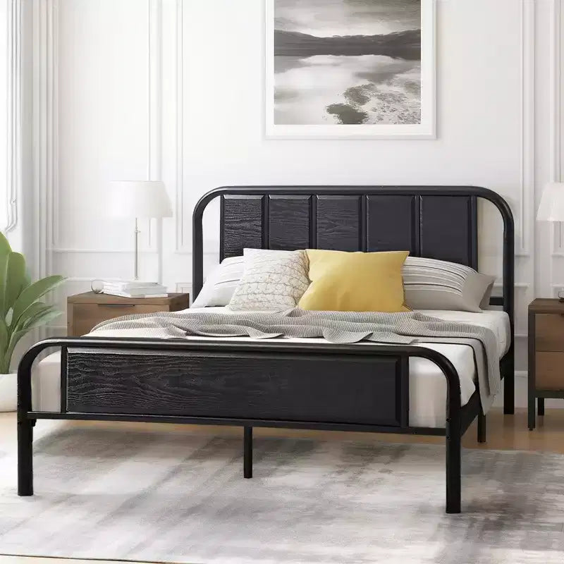 Struttura Letto a Piattaforma in Metallo con Testiera in Legno