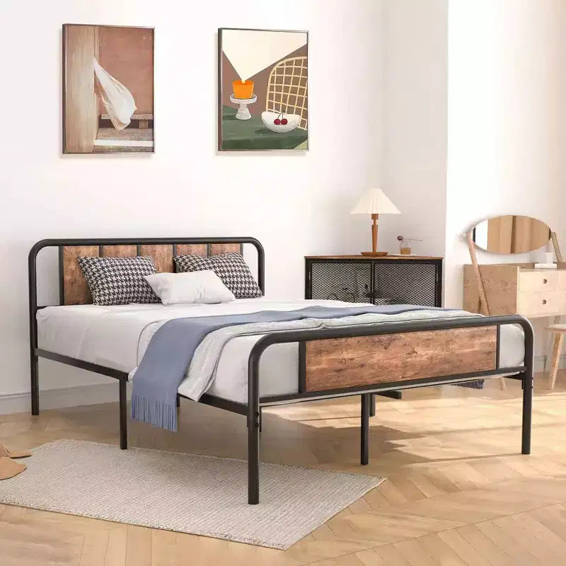 Struttura Letto a Piattaforma in Metallo con Testiera in Legno