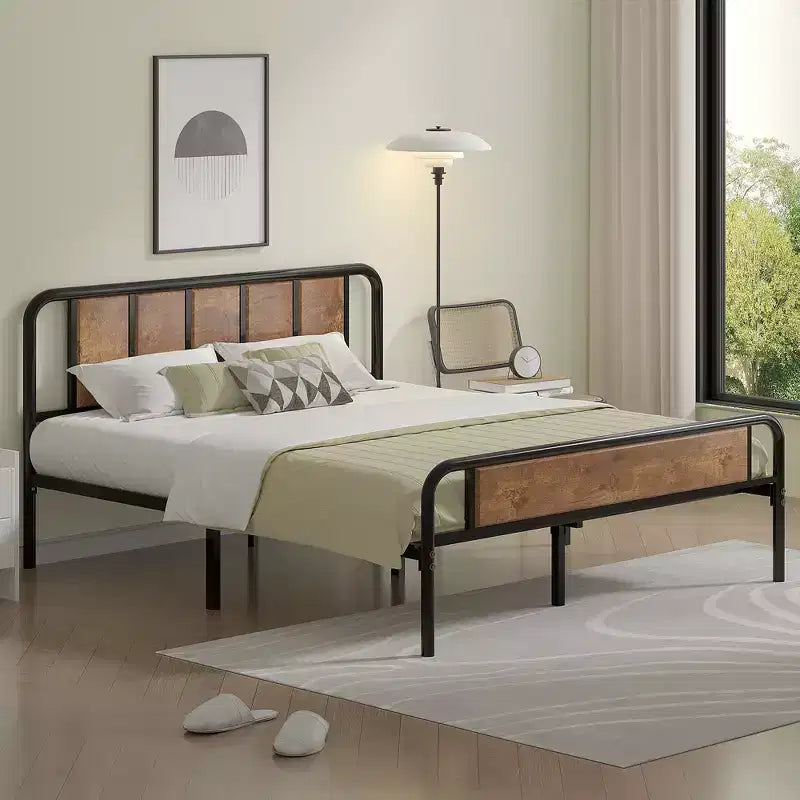 Struttura Letto a Piattaforma in Metallo con Testiera in Legno