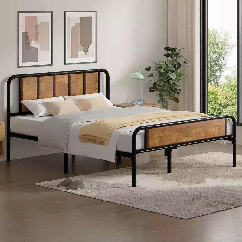Struttura Letto a Piattaforma in Metallo con Testiera in Legno
