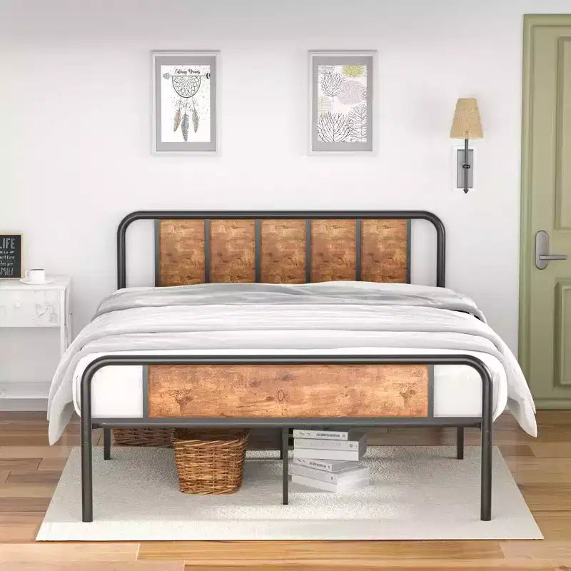 Struttura Letto a Piattaforma in Metallo con Testiera in Legno